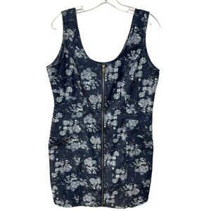 Papillon Denim Floral Mini Dress Full Zip Closure With Pockets Size M
